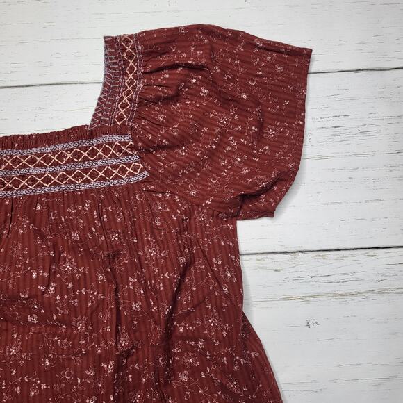 Madewell Square Neck Smocked Top Burgundy Red Embroidered Dotted Vines Small - Picture 6 of 8